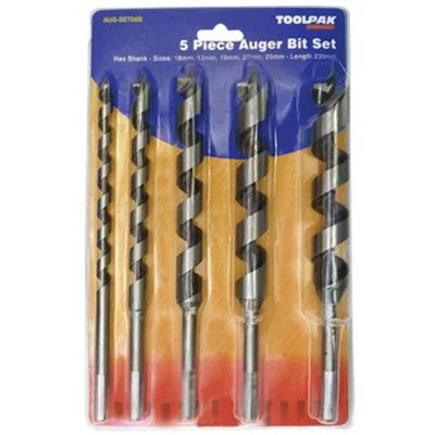 Auger Bit 5pc Set - 230mm Long - Hex Shank Auger Bit 5pc Set - 230mm Long - Hex Shank